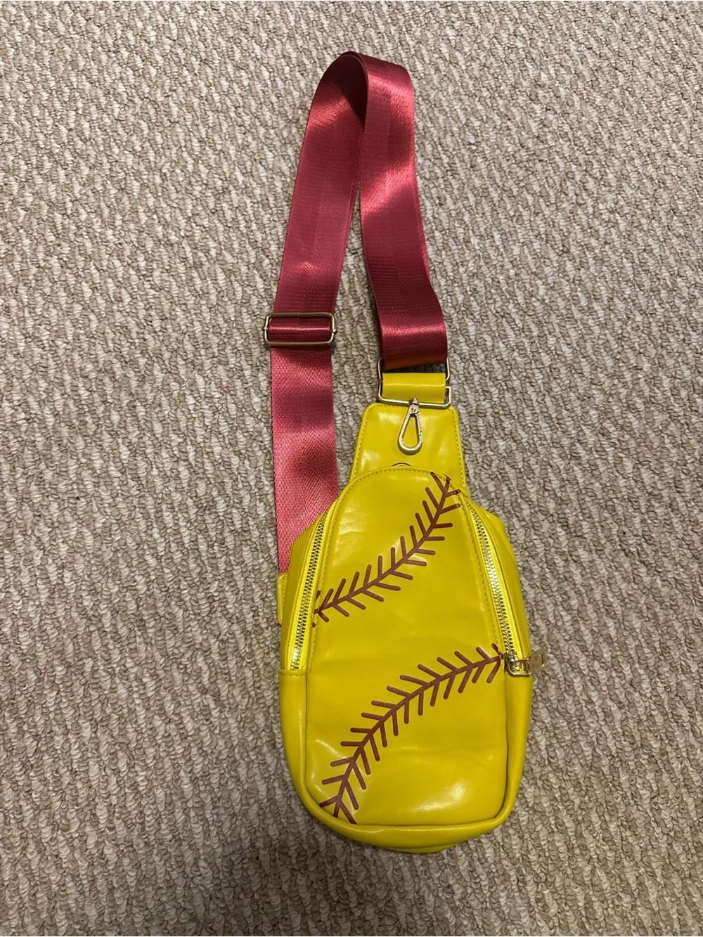 Yellow Softball Stitch Crossbody Sling Bag with Red Strap